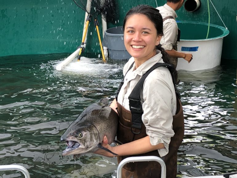 A SJRRP staff holds an adult spring-run Chinook salmon before it is released to the river.