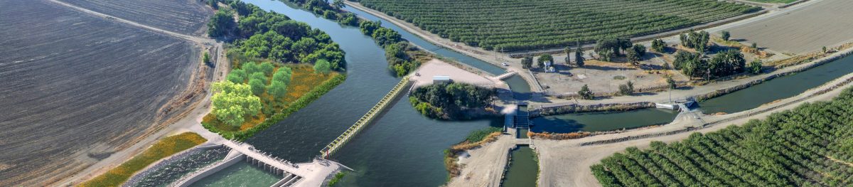 An artist rendering of the proposed Arroyo Canal Fish Screen and Sack Dam Fish Passage Project looking upstream.