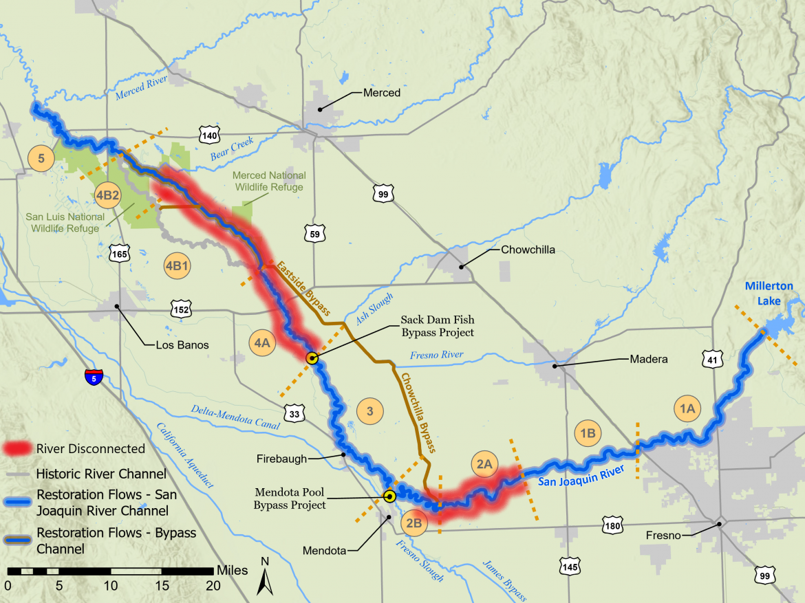 San Joaquin River map showing river sections dewatered to benefit spring-run Chinook salmon.