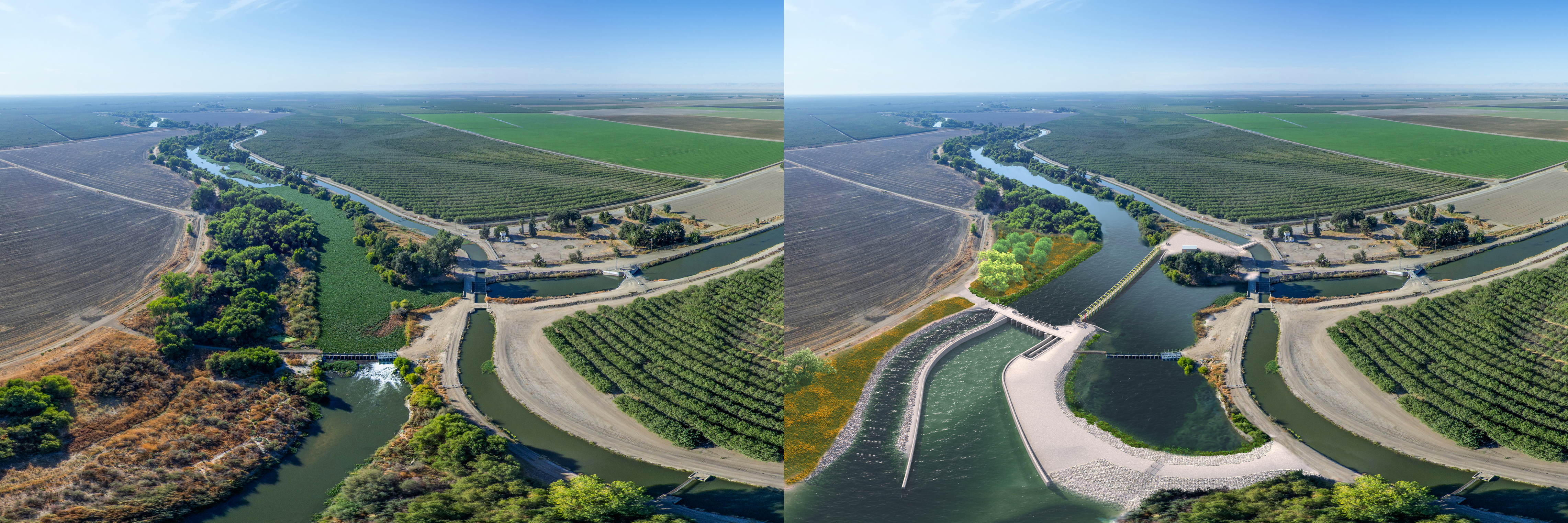 A side-by-side image showing the current Sack Dam project site on the left, and an artist rendering of the site following construction.